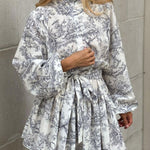 Loose Puff Sleeves Pleated Printed Split-Joint Tied Waist Stand Collar Mini Dresses