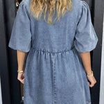 Dusk Blue Bowknot Puff Sleeve Denim Dress