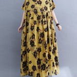 Loose Short Sleeves Pleated Printed Split-Joint Round-Neck Midi Dresses