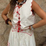 Sunny Day Linen Blend Contrast Embroidered Print Scallop Trim Lace-up Top