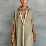 Women's Minimalist Linen Blend Short-sleeved Shirt Maxi Dress