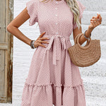 A-Line Loose Buttoned Pleated Polka-Dot Tied Waist Round-Neck Mini Dresses