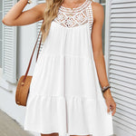 A-Line Loose Hollow Pleated Solid Color Split-Joint Round-Neck Mini Dresses