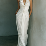 Women's White Chiffon Halter-neck Long Dress With Ruffled Collar