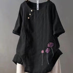 Women'S Embroidered Cotton And Linen O-Neck Button Short Sleeve Blouse