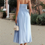 A-Line High Waisted Backless Pleated Solid Color Zipper Halter-Neck Midi Dresses