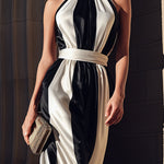 Black & Ivory Halter Neck Color-Block Satin Maxi Dress