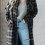 Black Plaid Button Front Pocketed Long Shacket