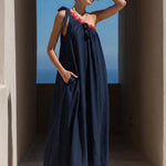 A-Line Loose Pleated Pockets Split-Joint Tied One-Shoulder Maxi Dresses