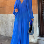 Blue Gemstone Chiffon Ruched Gathered Waist Maxi Dress