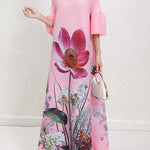 A-Line Flared Sleeves Flower Print Pleated V-Neck Maxi Dresses