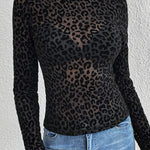 Black Leopard Stand Neck Sexy Long Sleeve Mesh Top