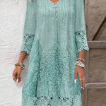 A-Line Long Sleeves Flower-Embellished Buttoned Contrast Color Split-Joint V-Neck Midi Dresses