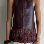 Multi-Color PU Leather Backless Tassel Sleeveless Top
