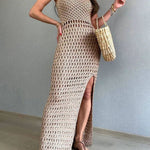 Smiles and Sunshine Knit Texture Hollow Tank Slit Stretch Maxi Dress