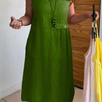 Linen Blend Solid Color Round Neck Sleeveless Loose Pocket Midi Dress