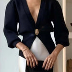 Only Yours Knit Metal Leaf Shape Button Lantern Sleeve Relaxed Cardigan
