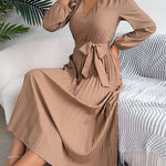 High Waisted Long Sleeves Belted Buttoned Pleated Solid Color V-Neck Maxi Dresses