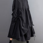 A-Line Long Sleeves Buttoned Pleated Pockets Solid Color Tied Lapel Midi Dresses Shirt Dress