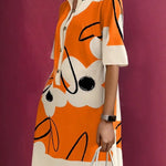 A-Line Half Sleeves Buttoned Contrast Color Flower Print Pockets Stand Collar Mini Dresses