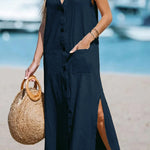 Cotton and linen sleeveless solid color single-breasted loose V-neck dress