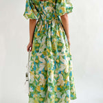 Elegant Square Neck Printed Puff Sleeve Long Dress