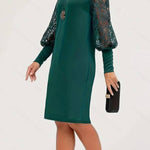 Round neck lace lantern sleeve midi dress
