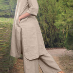 Cotton and linen V-neck 3/4 sleeve wide brimmed pants 2-piece set
