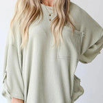 Kpion Pocket Crew Neck Button Down Long Sleeve Top