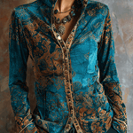 Boho Chic Vintage Peacock Blue Velvet Golden Print Fit Blouse