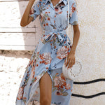 A-Line Loose Buttoned Flower Print Tied Waist Lapel Midi Dresses