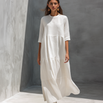 Women's Elegant White Cotton And Linen Blend Round Neck Short-sleeved Maxi Dress
