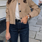 Lapel Button Down Crop Faux Suede Jacket