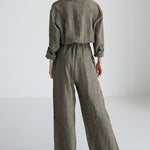 Urban Linen Drawstring Elastic Waisted Wide Leg Long Sleeves Jumpsuits