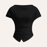 Loose Raglan Sleeve Asymmetric Pleated Solid Color Split-Joint Round-Neck T-Shirts