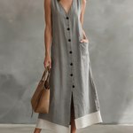 Women's Elegant Gray Woven V-neck Sleeveless Maxi Dress