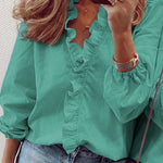 Puff Sleeves Falbala Solid Color V-Neck Blouses