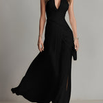 Women's Black Stretch Jersey Dress With Deep V-Neck & Twist-Front Detail, Timeless Luxe-Romantic Style Dress