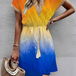 A-Line Loose Elasticity Gradient Hollow Split-Joint Tasseled Tied Waist V-Neck Mini Dresses