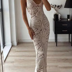 On Vacay Time Crochet Lace Cutout Waist Coverup Stretch Maxi Dress