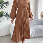 A-Line High Waisted Elasticity Pleated Solid Color V-Neck Maxi Dresses