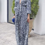 Loose Puff Sleeves Pleated Printed Split-Joint Deep V-Neck Jumpsuits