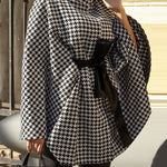 Batwing Sleeves Long Sleeves Houndstooth Tied Waist Stand Collar Cape Outerwear