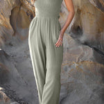 Fashion casual collarless straight wide leg open back cross strap jumpsuit