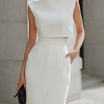 High-Neck Sleeveless Structured Midi Dress