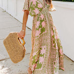 High Waist Spice Girl Dolman Sleeve V Neck Print Sexy Women's Dress