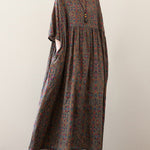 Vacation Loose Half Sleeves Floral Printed Pleated Round-Neck Midi Dresses