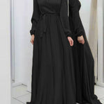 Long Sleeves Loose Pleated Solid Color Tied Waist Maxi Dresses