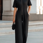 Black Linen Zip-Front Wide-Leg Jumpsuit