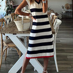 Striped V-Neck Hem Slit Casual Loose Dress